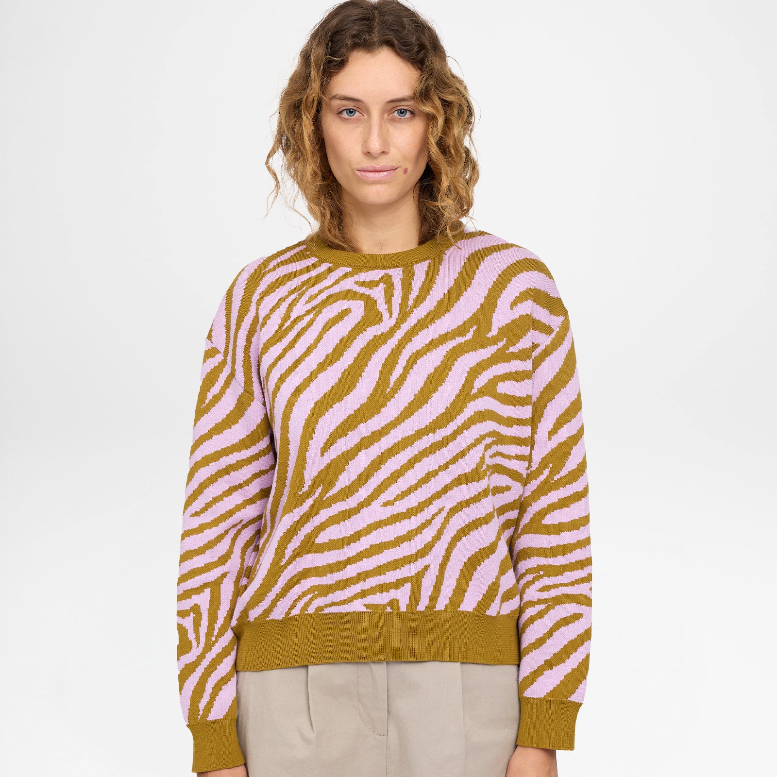 Zebra Jacquard Knit Jumper Golden Olive Orchid